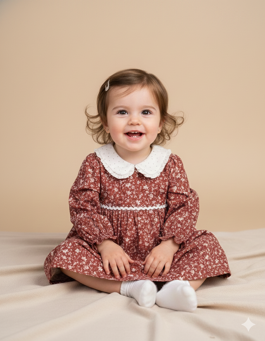 Robe Fleurie Rouge Brique pour Bébé Fille - Style Champêtre et Confort