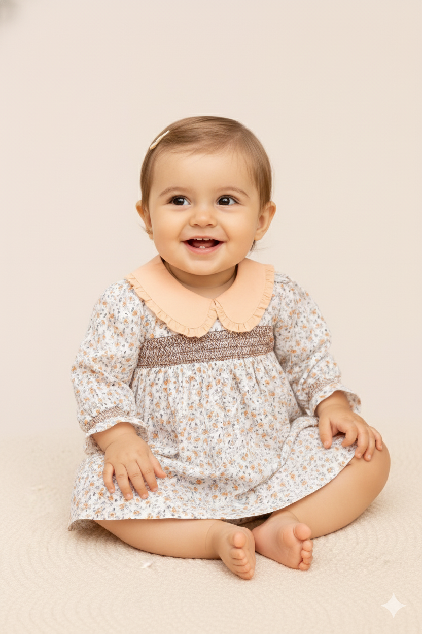 Robe bébé fille – Imprimé fleuri & col contrasté pêche