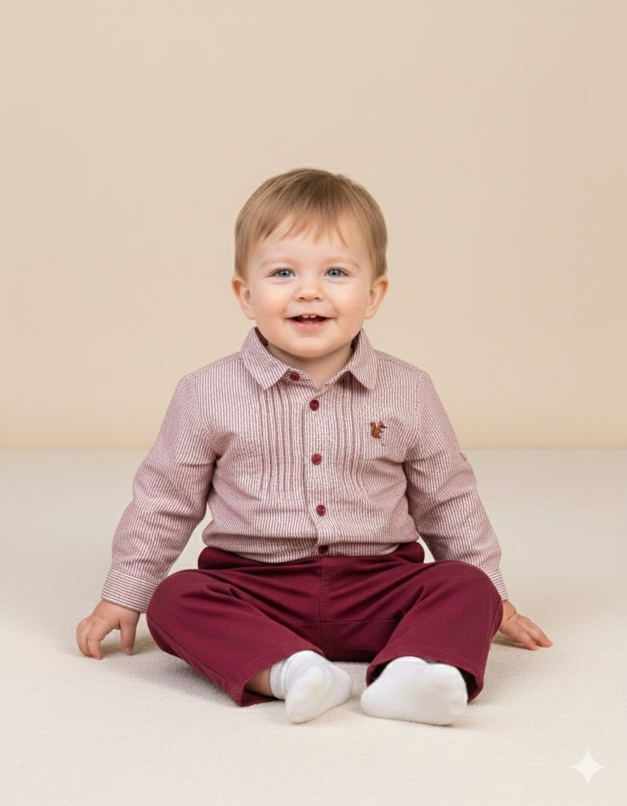 Chemise bébé garçon – Motif vichy bordeaux avec broderie cerf-volant